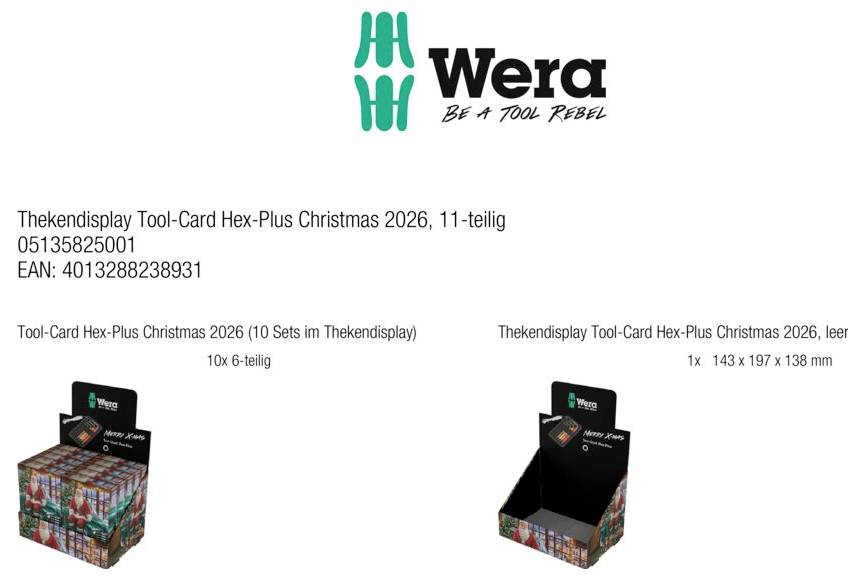 # Kartka produktowa Wera dla "Thekendisplay Tool-Card Hex-Plus Boże Narodzenie 2026, 11-częściowy" z numerami artykułów i kodami EAN, pokazująca obrazy pełnego i pustego wyświetlacza.
