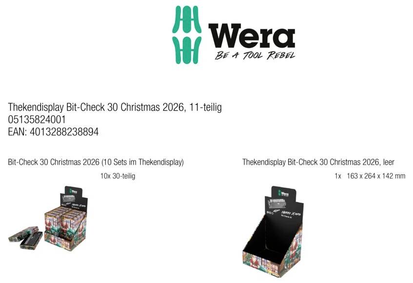 Obraz produktu Wera pokazujący "Thekendisplay Bit-Check 30 Christmas 2026, 11-częściowy" z numerem artykułu 05135824001 i kodem EAN 4013288238894, oraz widoki załadowanego i pustego wyświetlacza ladowego.