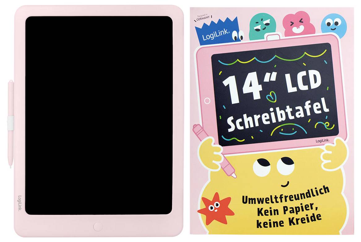 Różowy 14-calowy LCD tablet do pisania ze stylusem, pokazany obok opakowania oznaczonego '14" LCD Schreibtafel' i 'Umweltfreundlich Kein Papier, keine Kreide'.