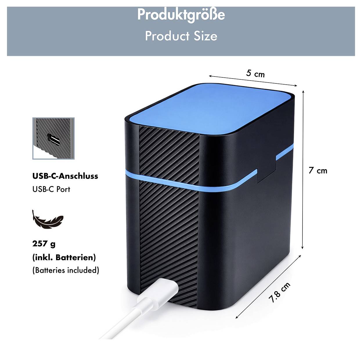 Diagram rozmiarów produktu czarno-niebieskiego urządzenia z portem USB-C; wymiary 5 cm x 7 cm x 7,8 cm i waga 257 g, baterie w zestawie.