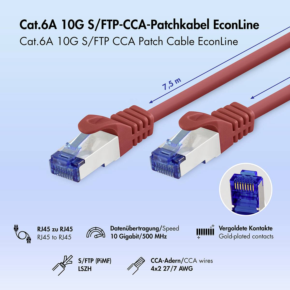 Obraz produktu przedstawiający czerwony kabel krosowy Cat.6A 10G S/FTP CCA o długości 7,5 m z złączami RJ45 i wymienionymi funkcjami: 10 Gbit/s, 500 MHz, kontakty pokryte złotem, LSZH i przewody CCA.