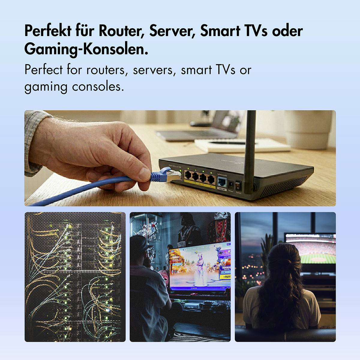 Kabel Ethernet podłączony do routera; tekst mówi, że jest idealny do routerów, serwerów, inteligentnych telewizorów lub konsol do gier.