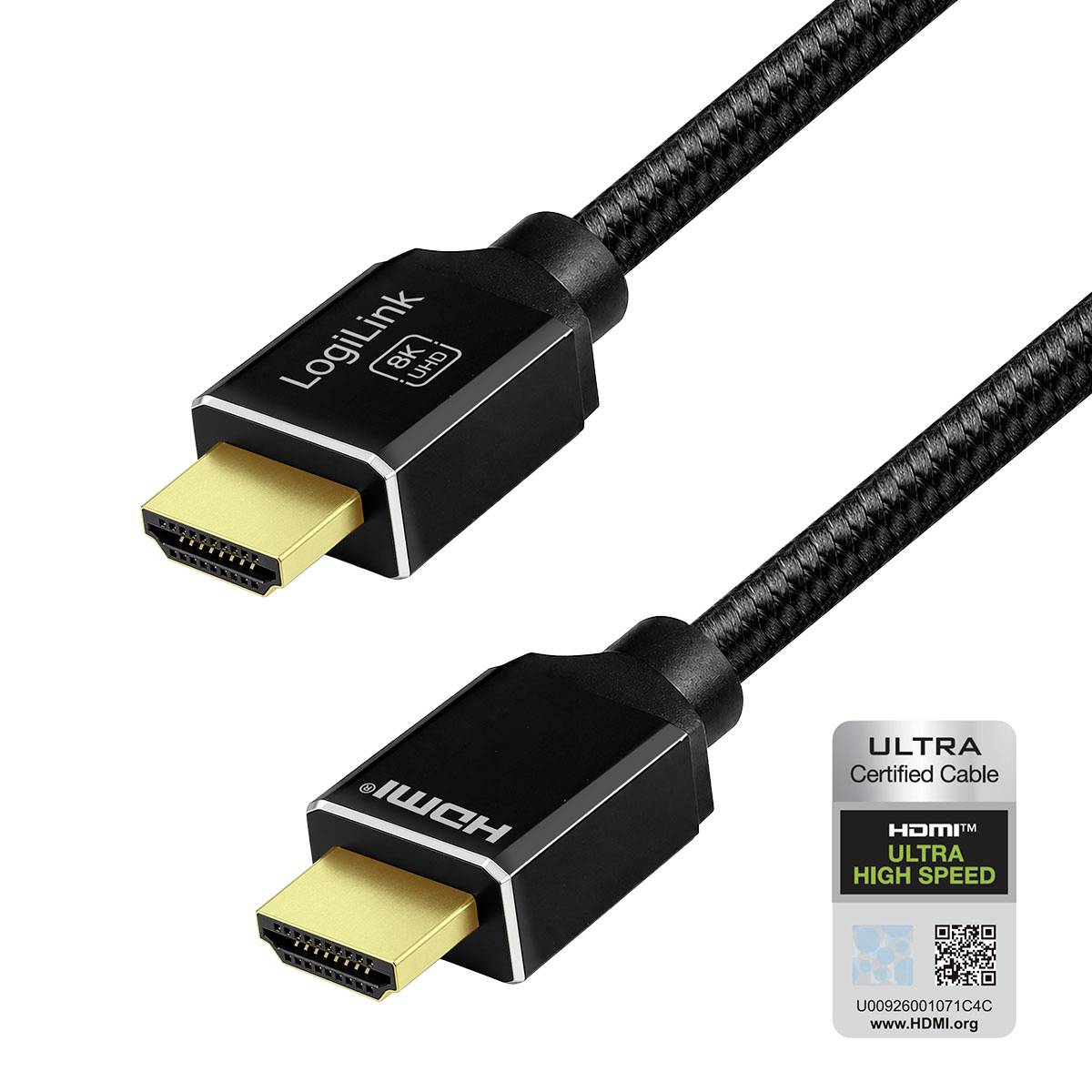 Dwa plecionkowe złącza kabla HDMI na białym tle, oznaczone etykietami LogiLink i certyfikacja HDMI Ultra High Speed.