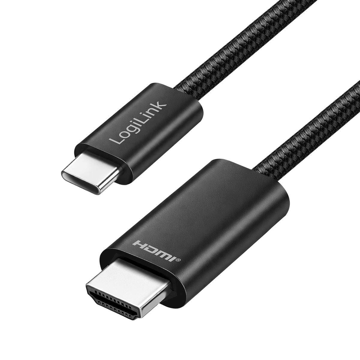 Kabel LogiLink z złączem USB-C i wtyczką HDMI, pokazany na białym tle.