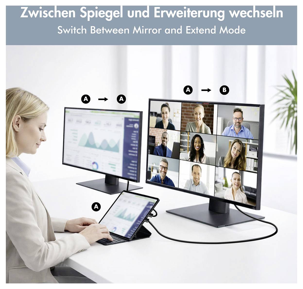 Kobieta korzystająca z laptopa podłączonego do dwóch monitorów; jeden monitor duplikuje ekran, a drugi wyświetla widekonferencję. Nagłówek mówi „Przełączanie między trybem duplikowania a trybem rozszerzenia."