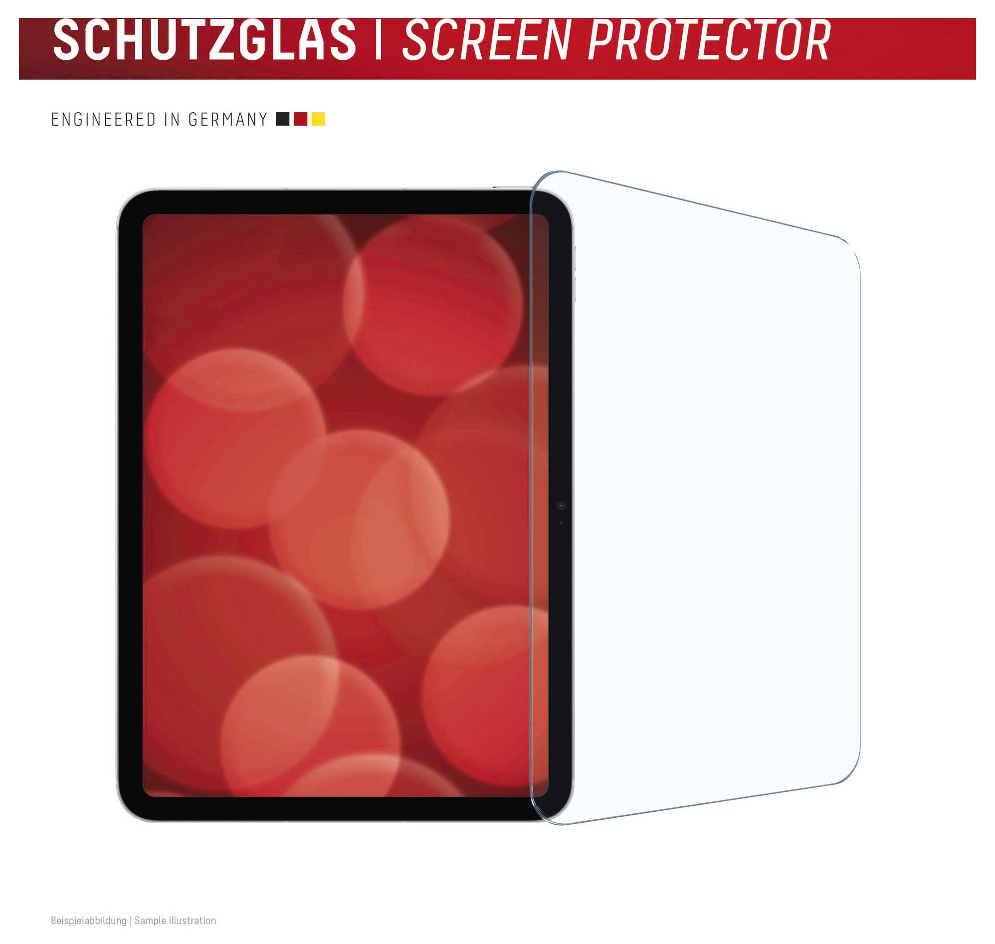 Tablet z przezroczystym protektorem ekranu pokazany obok niego; baner brzmi „SCHUTZGLAS | SCREEN PROTECTOR" i „ENGINEERED IN GERMANY".