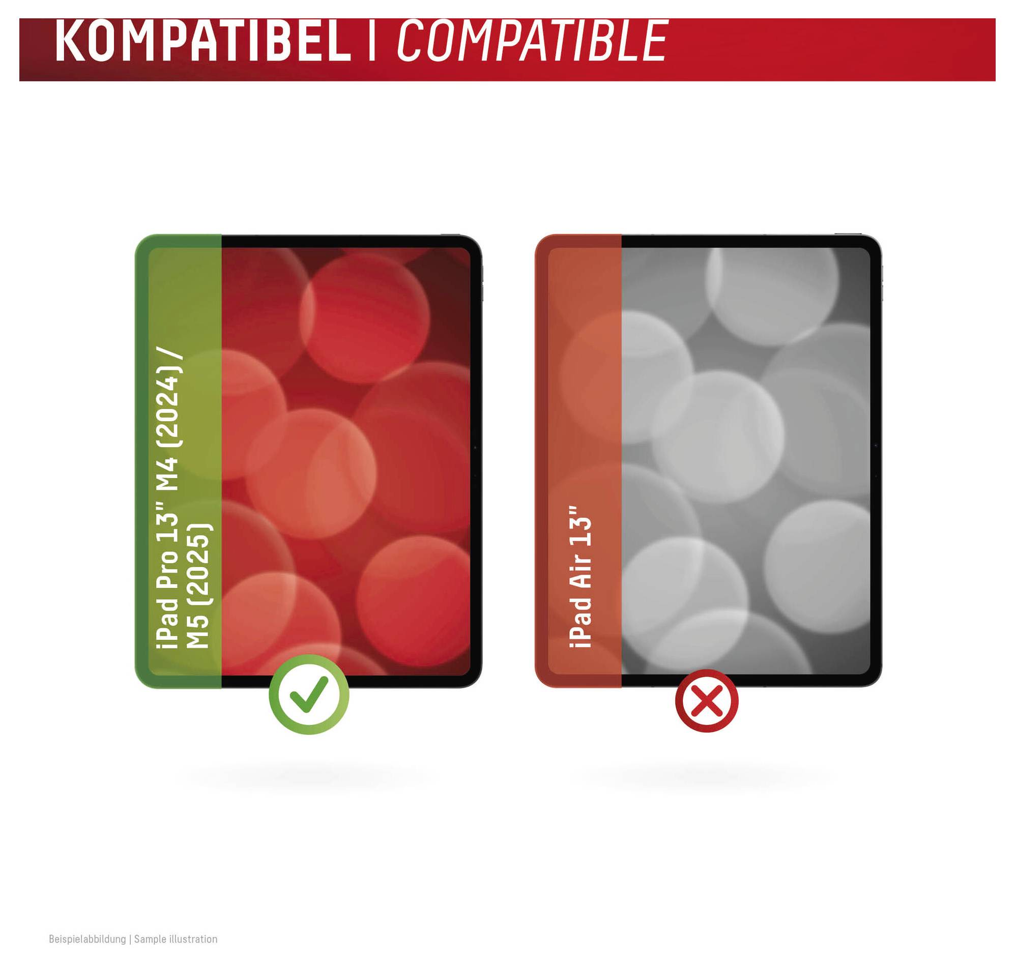 Grafika zgodności pokazująca iPad Pro 13' M4 (2024)/M5 (2025) z zielonym znaczkiem potwierdzenia i iPad Air 13' z czerwonym X.