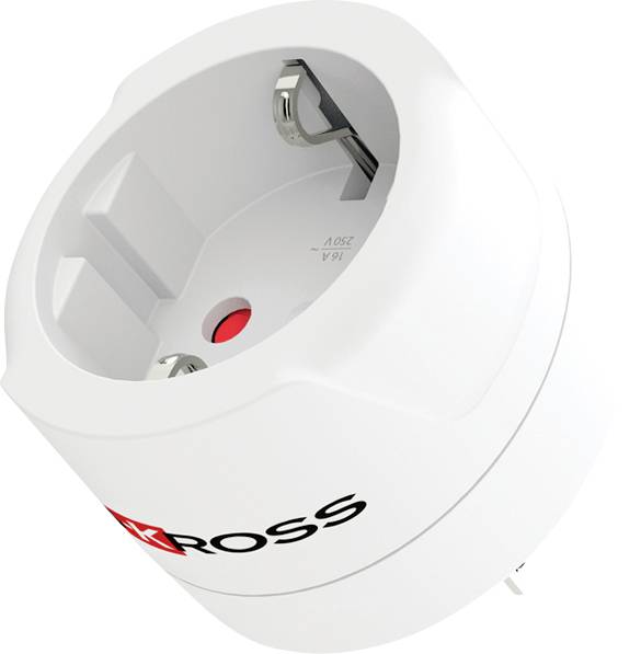 Biały adapter gniazda elektrycznego z dwoma szczelinami gniazda i czerwoną lampką wskaźnikową, marki "ROSS".