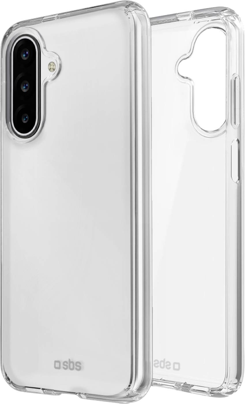 Dwie przezroczyste etui na telefon, jedno pokazujące tył z wycięciem na potrójny aparat fotograficzny i logo „sbs", drugie pokazujące wnętrze i przyciski boczne.
