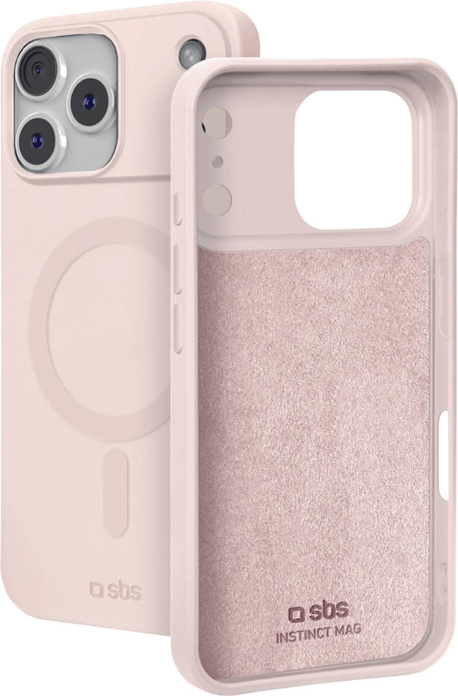 Dwie różowe etui do iPhone'a pokazane z przodu i z tyłu, jedno z pierścieniem MagSafe i jedno z błyszczącym wkładem, marki 'sbs INSTINCT MAG'.