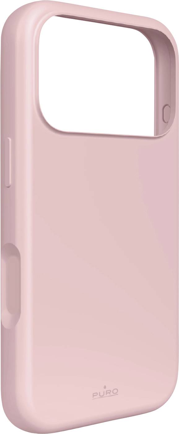 Różowe etui ochronne do smartfona z dużym prostokątnym wycięciem na aparat i otworami na przyciski boczne na zwykłym białym tle.