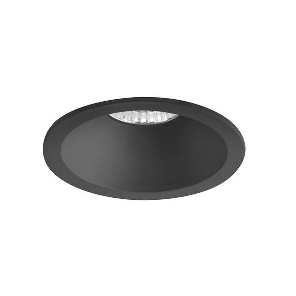 Czarna wpuszczana okrągła lampa sufitowa z widocznym modułem LED na górnej krawędzi