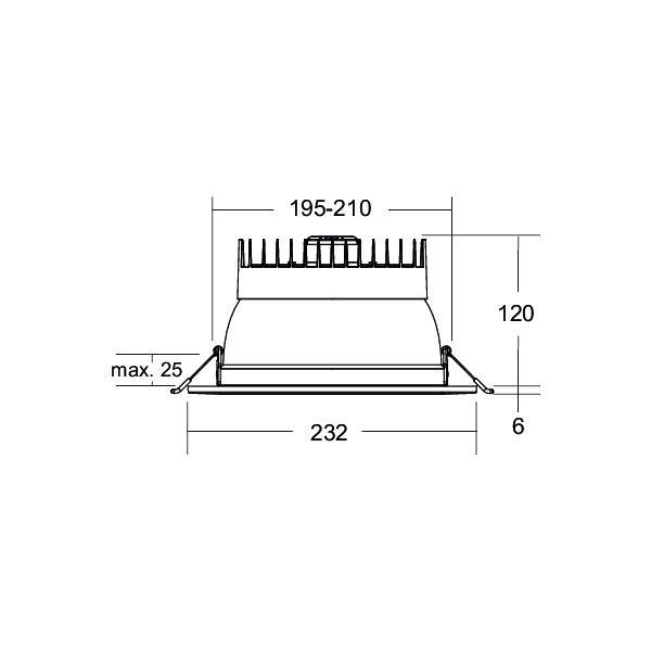 Techniczny rysunek wymiarowy wpukanej lampy oświetleniowej, pokazujący szerokość 232 mm, wysokość 120 mm, regulowana górna część 195–210 mm i maksymalną głębokość 25 mm.