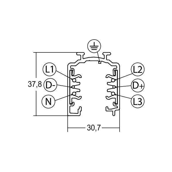 Diagram przekroju złącza elektrycznego z oznaczonymi zaciskami L1, D-, N po lewej stronie i L2, D+, L3 po prawej stronie, symbol uziemienia na górze oraz wymiary 37,8 na 30,7.