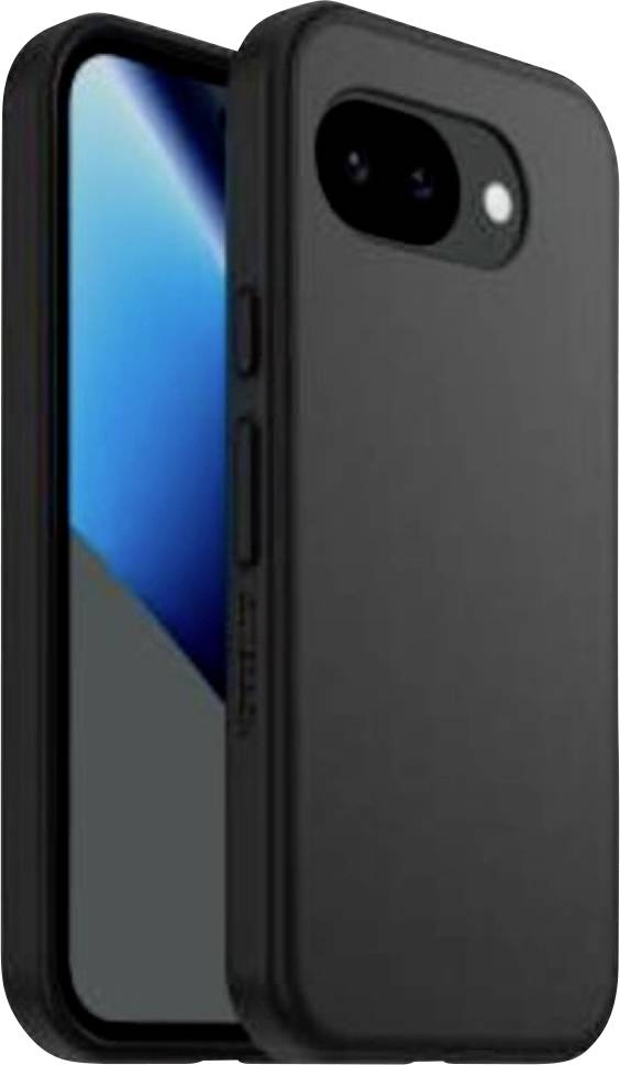 Czarny smartfon w ochronnym etui pokazany z przodu i z tyłu, z widocznym wycięciem na kamerę z tyłu.