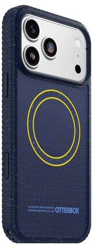Niebieskie etui OtterBox do iPhone'a z żółtym pierścieniem MagSafe na tyle i wycięciem na potrójny aparat fotograficzny.