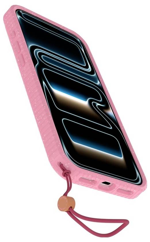 Różowa obudowa smartfona z wbudowanym paskiem na nadgarstek, pokazana na pochylonej telefonie na białym tle.