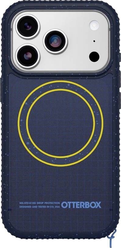 Etui OtterBox na telefon w ciemnym niebieskim kolorze z dużym żółtym pierścieniem MagSafe i potrójnym wycięciem na aparaty fotograficzne u góry