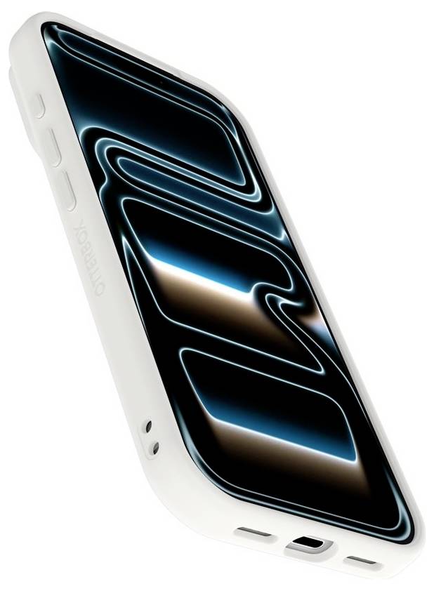 Biały smartfon pokazany pod kątem, z jasniejącą abstrakcyjną niebiesko-brązową falą na ekranie oraz widocznymi przyciskami bocznymi i portami.