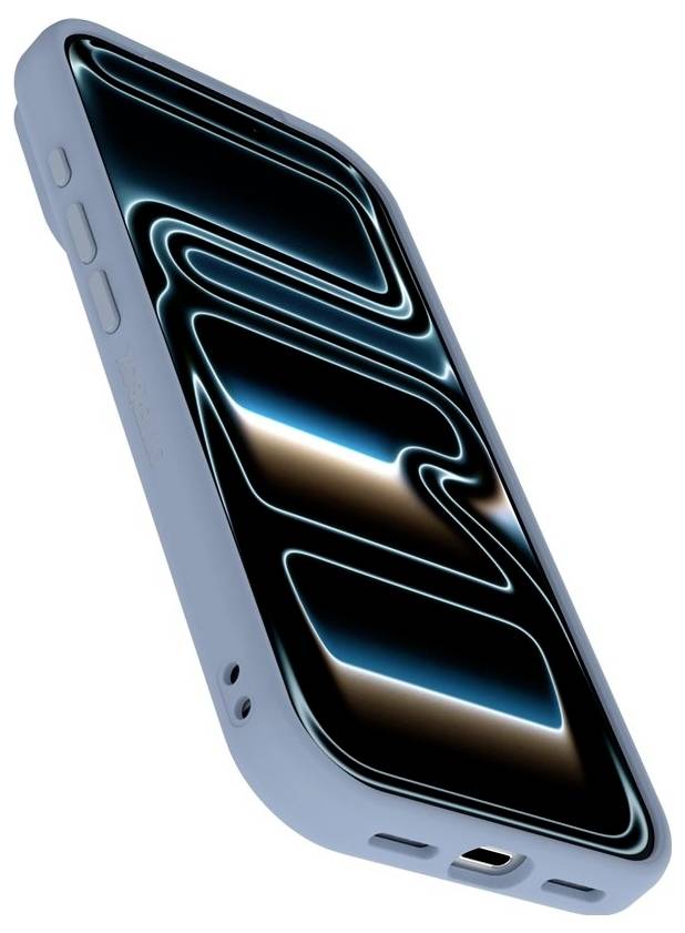 Etui do smartfona w jasnym błękicie pokazane w widoku ukośnym z boku, z czarną świecącą abstrakcyjną grafiką na ekranie z przodu.