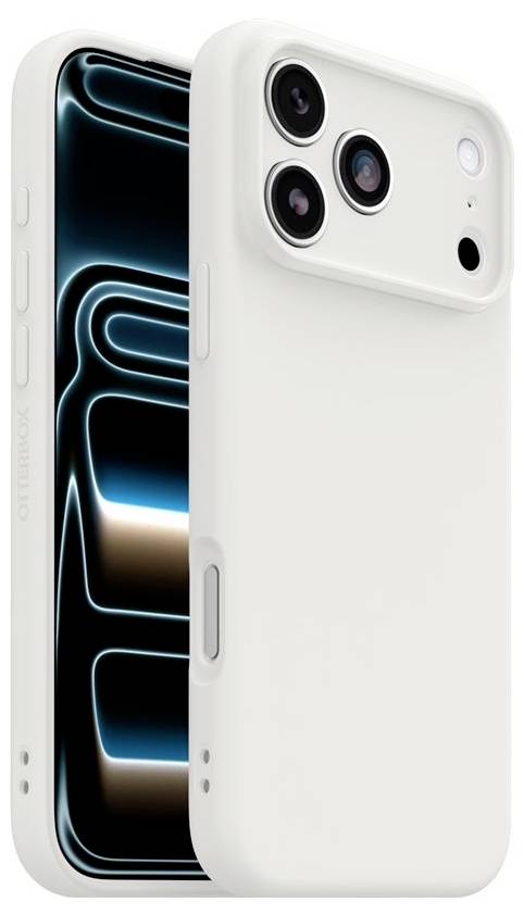 Biały smartfon pokazany z przodu i z tyłu, z potrójnym aparatem tylnym i świecącym abstrakcyjnym wyświetlaczem w odcieniach niebieskiego na czarnym tle na przedniej stronie.