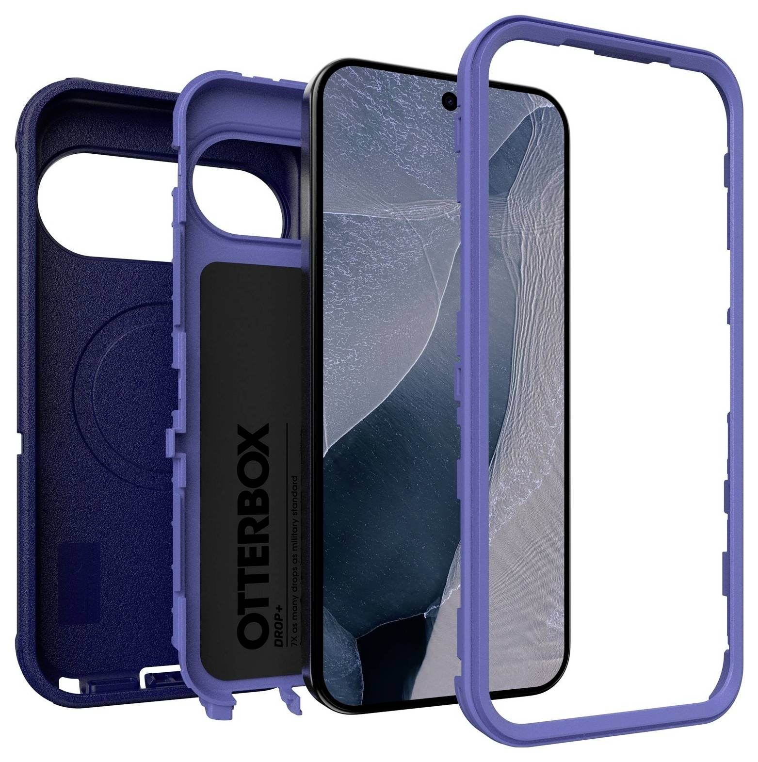 Widok rozłożony niebieskiego etui OtterBox do telefonu pokazujący tylną część, wewnętrzną osłonkę, telefon oraz zewnętrzne warstwy zderzaka.