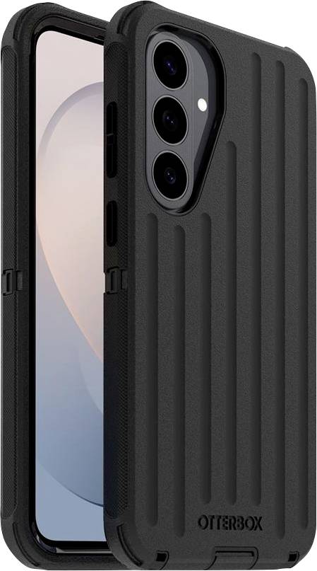Czarny futerał OtterBox na smartfon pokazany na iPhonie, z potrójnym wycięciem aparatu tylnego i teksturowanymi ochronnymi bokami.