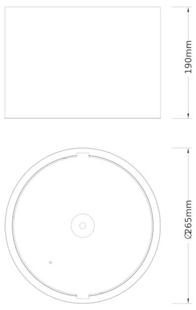 Rysunek techniczny okrągłego panelu lub pokrywy, wykazujący widok prostokątny o wysokości 190 mm i widok z góry o średnicy 265 mm.