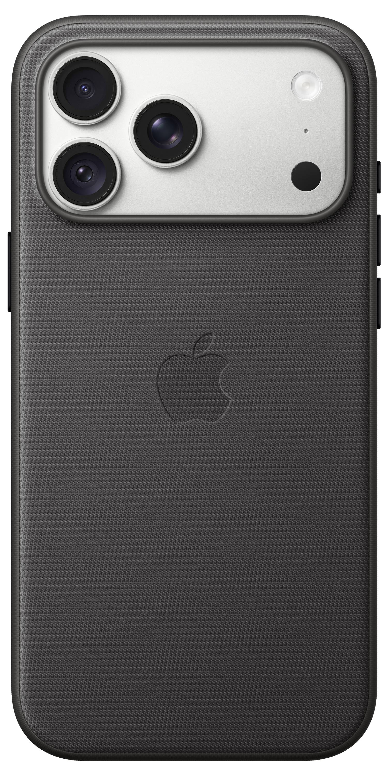 Widok z tyłu iPhone'a w czarnym etui o teksturowanej powierzchni, pokazujący logo Apple oraz potrójne obiektywy aparatu.
