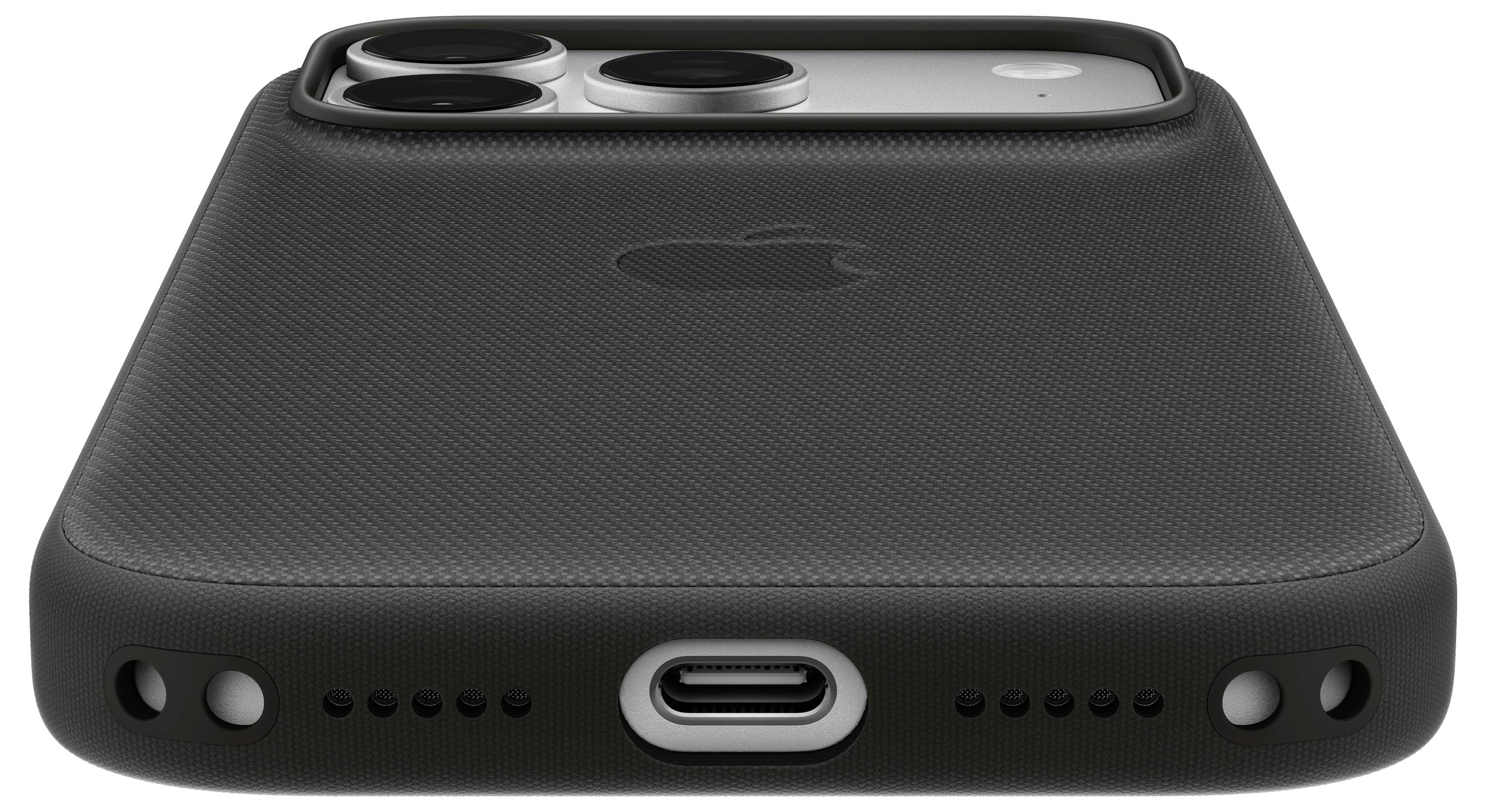 Widok z tyłu czarnego iPhone'a z potrójnymi soczewkami aparatu, lampą błyskową i centralnie umieszczonym portem USB-C.