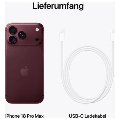 Zawartość opakowania iPhone'a 18 Pro Max: bordowy smartfon i białe kabel USB-C do ładowania.