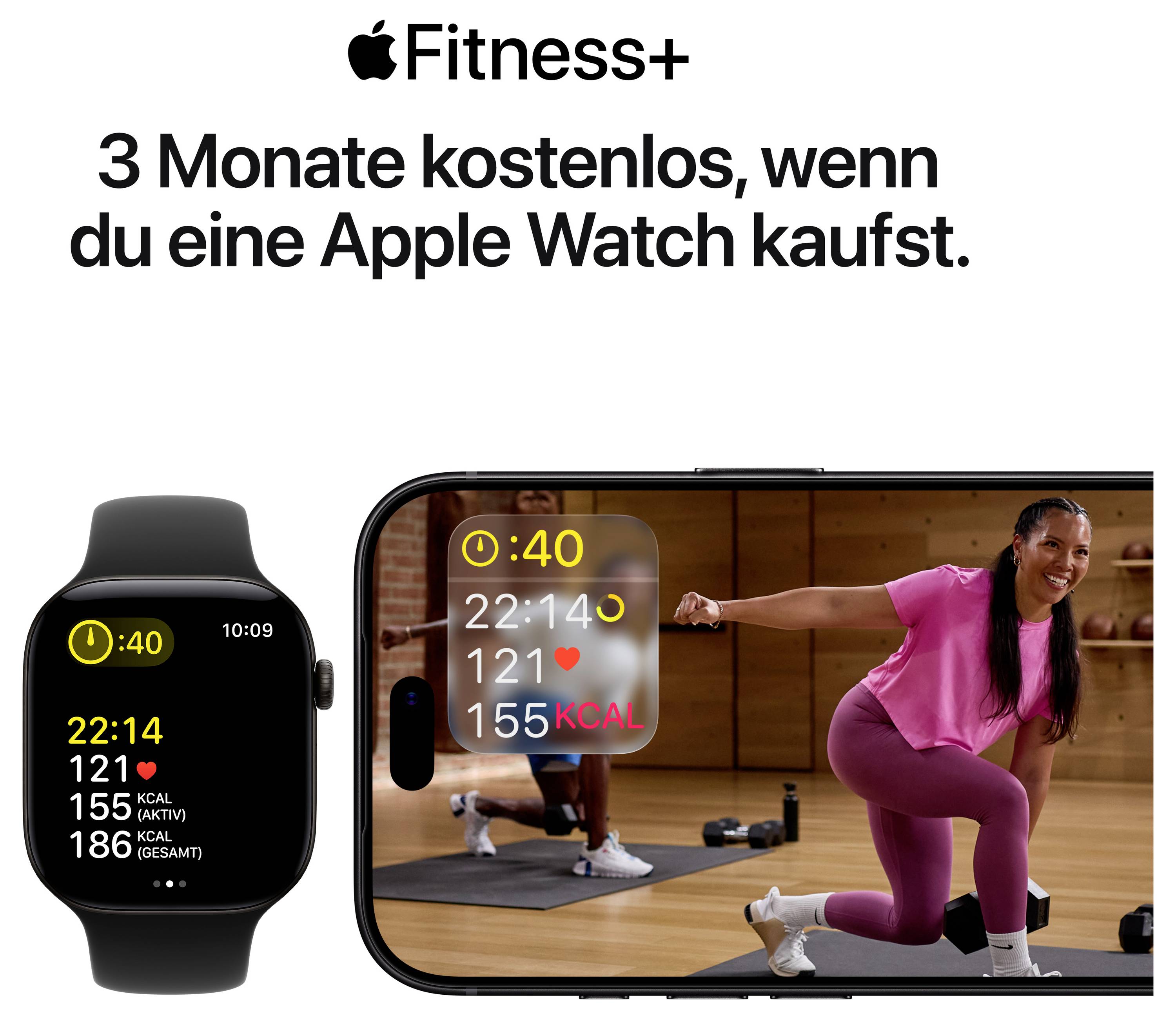 Oferta Apple Fitness+: 'Otrzymaj 3 miesiące bezpłatnie, gdy kupisz Apple Watch.' Ze zrzutami ekranu zegarka i treningów na iPhone'u.