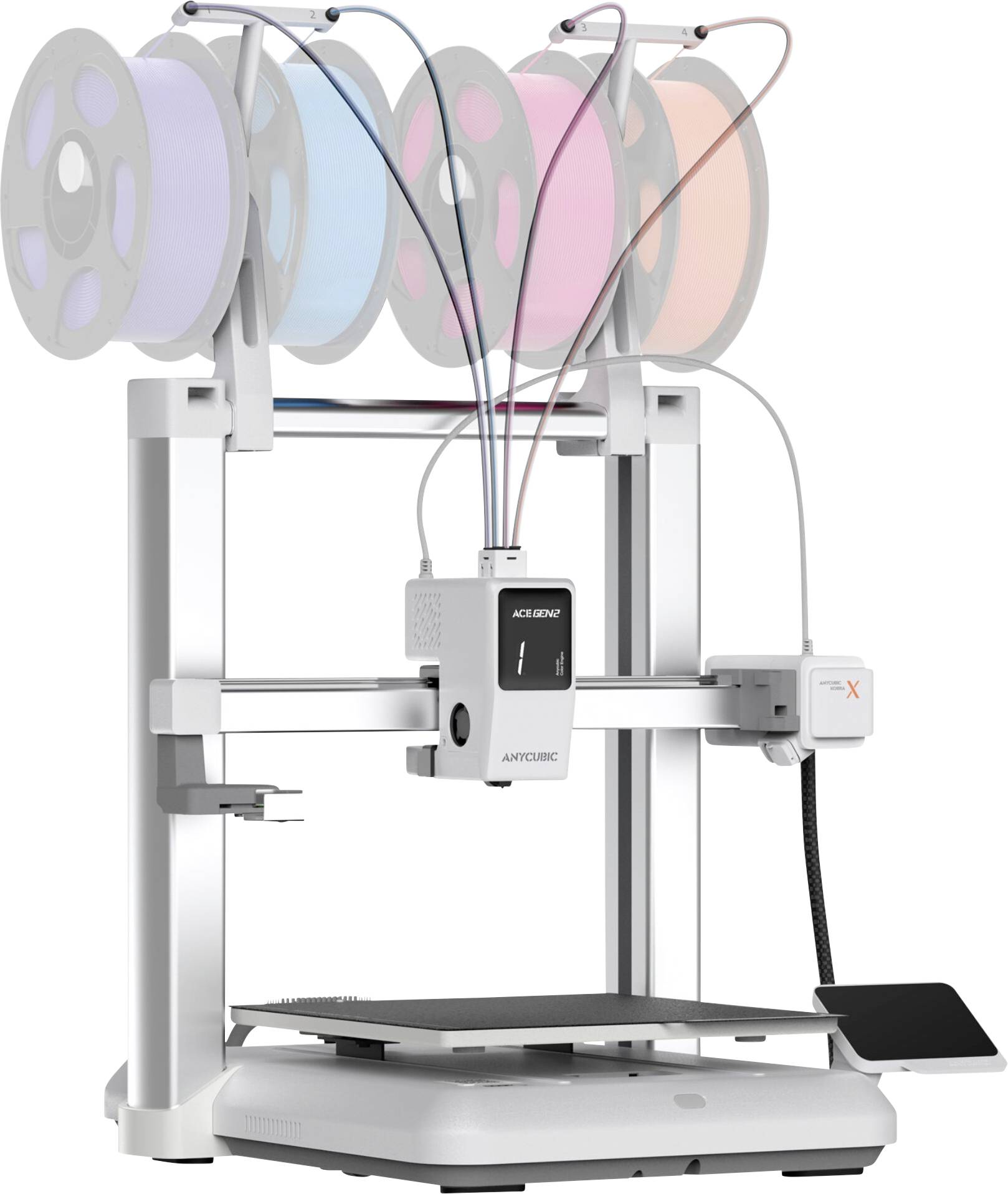 Drukarka 3D z pięcioma szpulami filamentu zamontowanymi na górze, zasilającymi drukarkę kolorowym materiałem powyżej platformy druku.