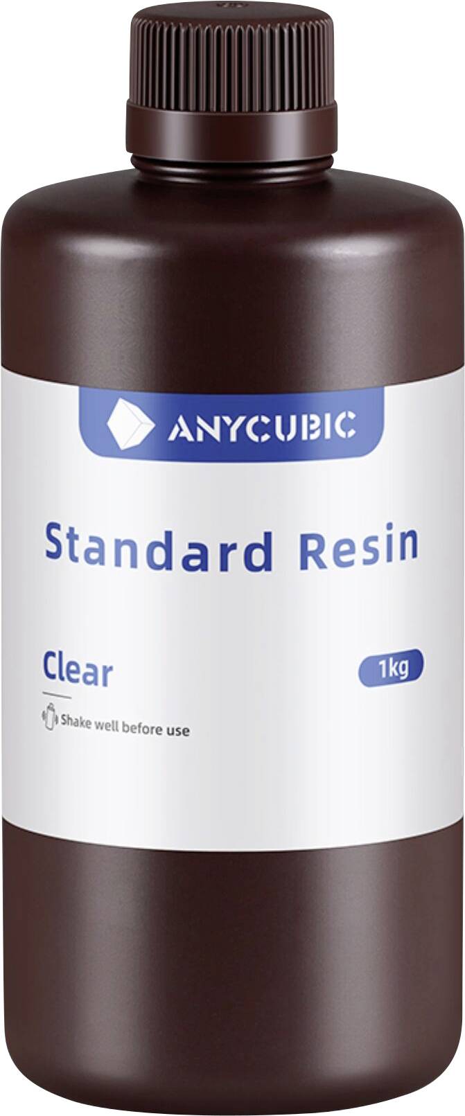 Butelka żywicy standardowej Anycubic, transparentna, 1 kg, w ciemnobrązowym pojemniku z oznakowaną nakrętką.