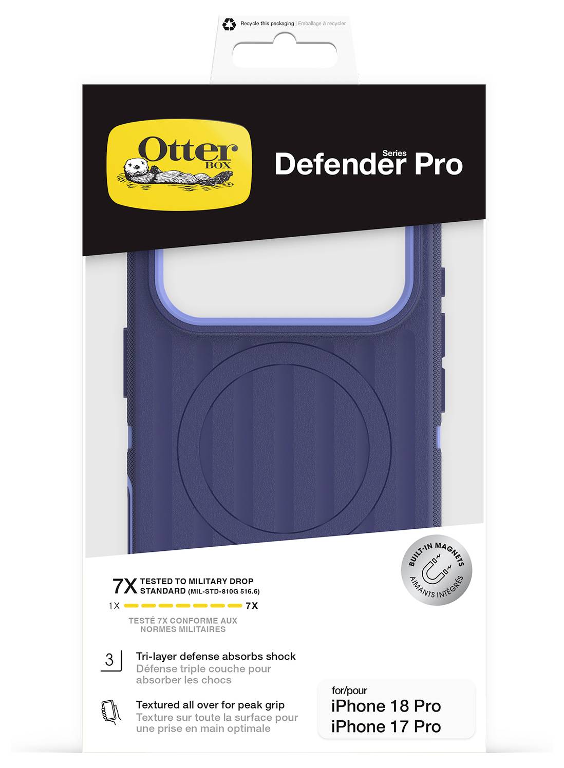 Opakowanie etui OtterBox Defender Series Pro do iPhone'a 18 Pro i iPhone'a 17 Pro, prezentujące niebieskie etui z funkcjami ochrony przed upadkami.