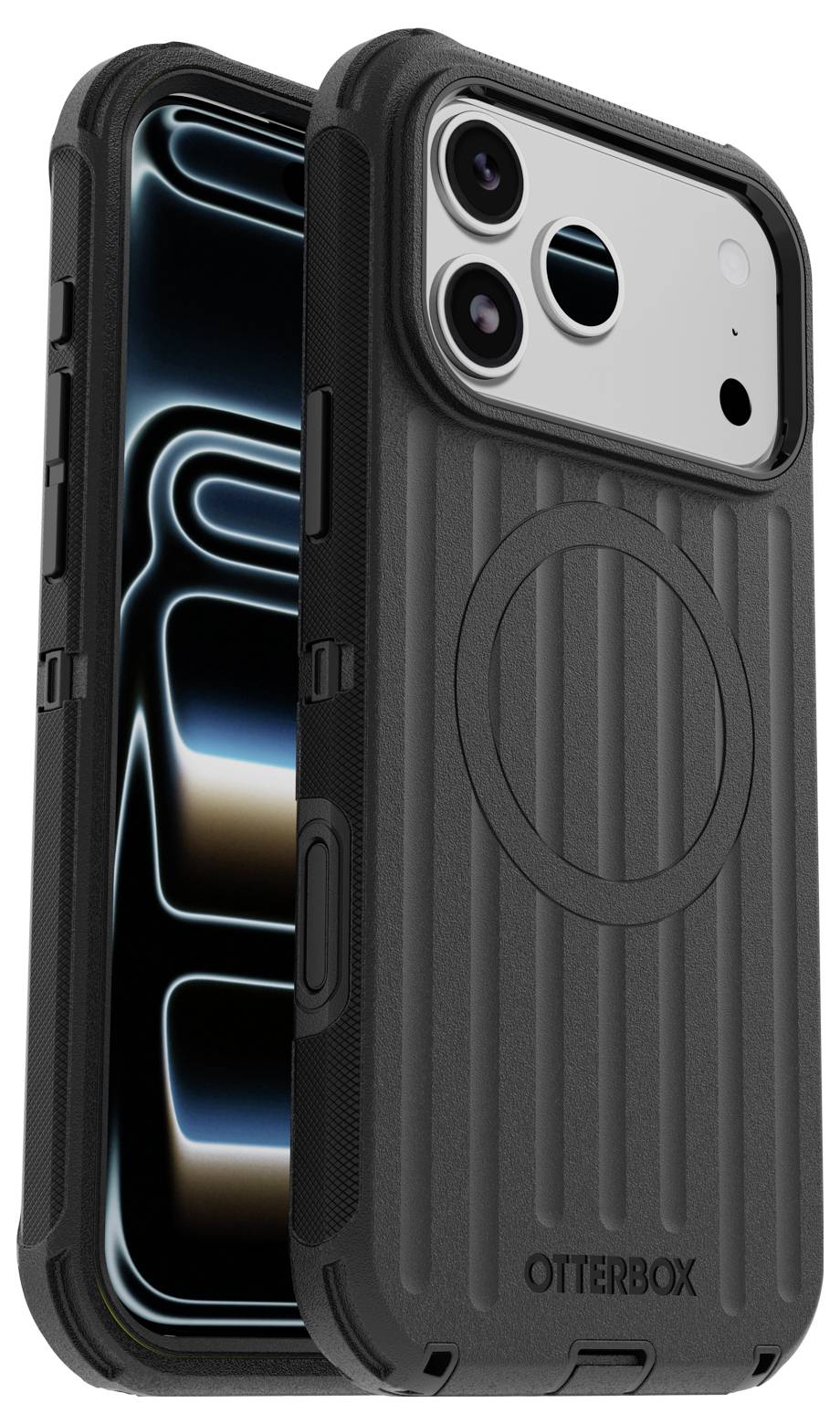 Dwa wytrzymałe etui na telefon OtterBox pokazane z przodu i z tyłu, czarne z teksturowanym uchwytem i podwyższoną ochroną aparatu.
