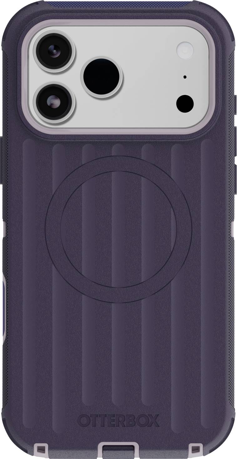 Purpurowy futerał OtterBox do iPhone'a pokazany od tyłu, z pierścieniem MagSafe i wycięciami dla podwójnych aparatów, lampy błyskowej i czujników.