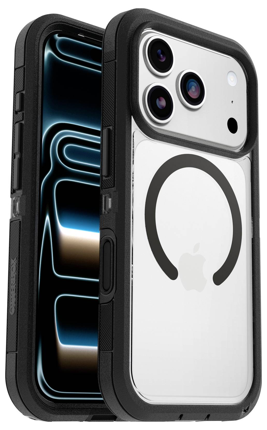 Dwa iPhone'y w wytrzymałych czarnych etui, widok z przodu i z tyłu, z wyraźnym kołem w stylu MagSafe na tylnym etui.