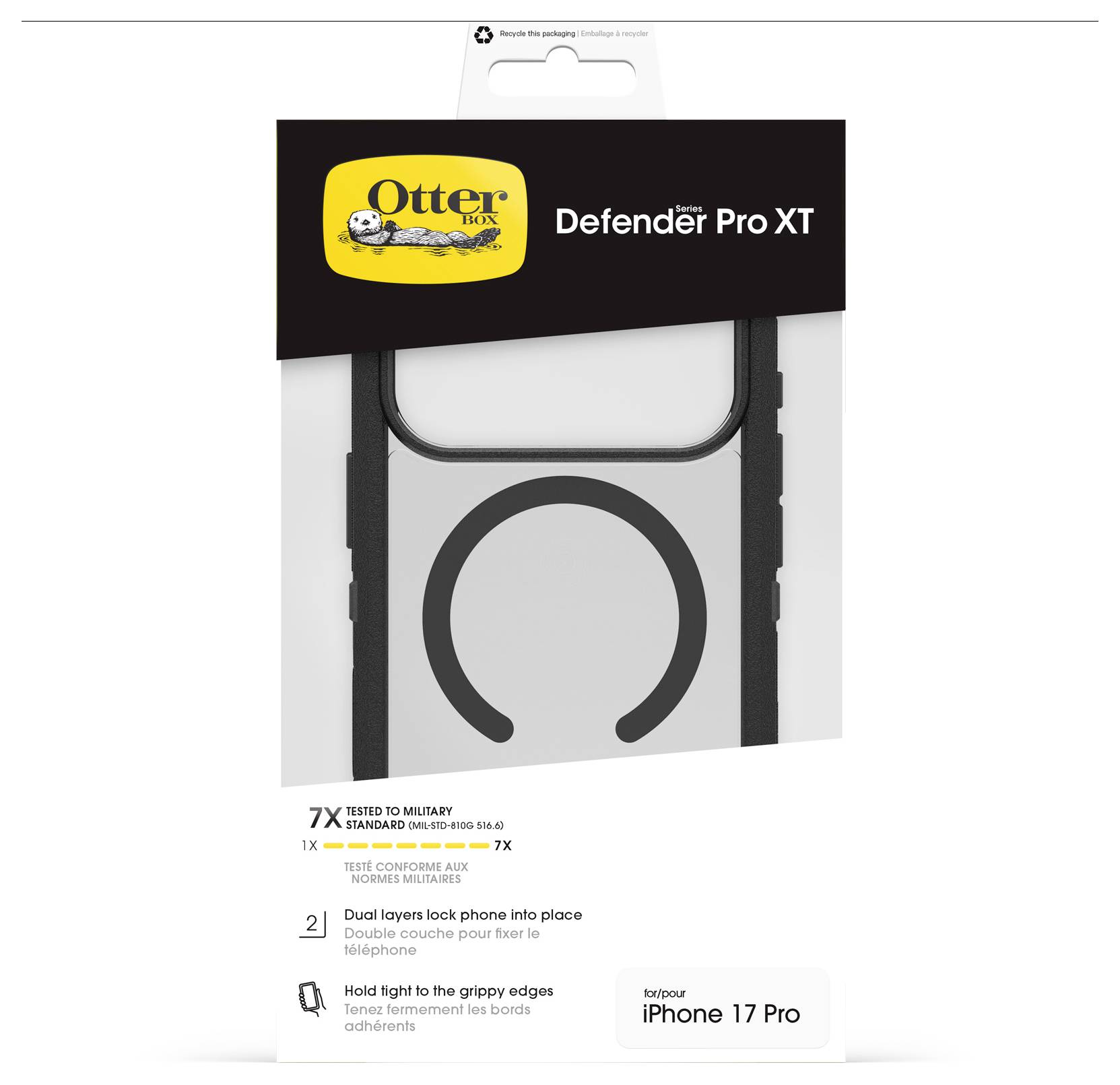 Opakowanie etui OtterBox Defender Pro XT do telefonu iPhone 17 Pro, prezentujące dwuwarstwową ochronę i krawędzie zapewniające uchwyt.