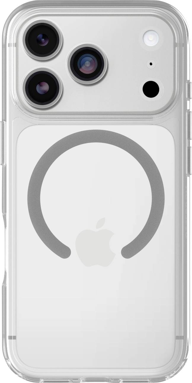 Przezroczyste etui do telefonu z pierścieniem MagSafe, pokazane na plecach białego iPhone'a z potrójnymi soczewkami aparatu.