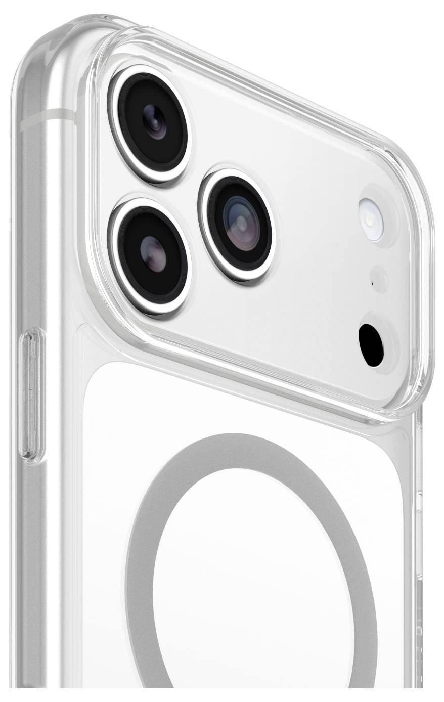 Zbliżenie przezroczystego etui na telefon smartfona, pokazujące tylne obiektywy aparatu i pierścień ładowania w stylu MagSafe.