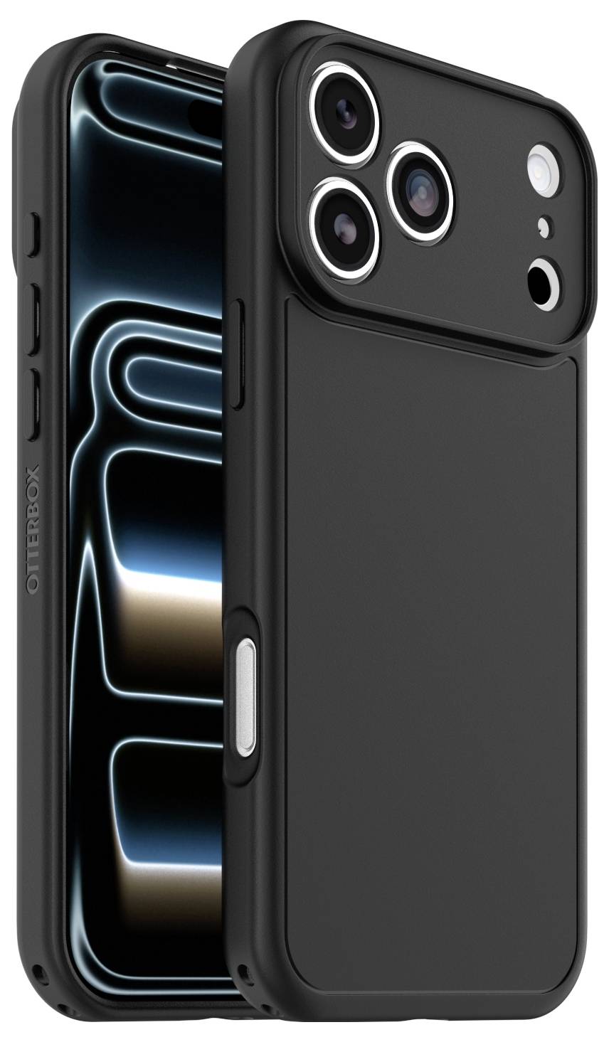 Czarna etui do iPhone'a z zintegrowanym panelem tył w stylu MagSafe, pokazane na telefonie z trzema kamerami z tyłu i wycięciem na przycisk boczny.