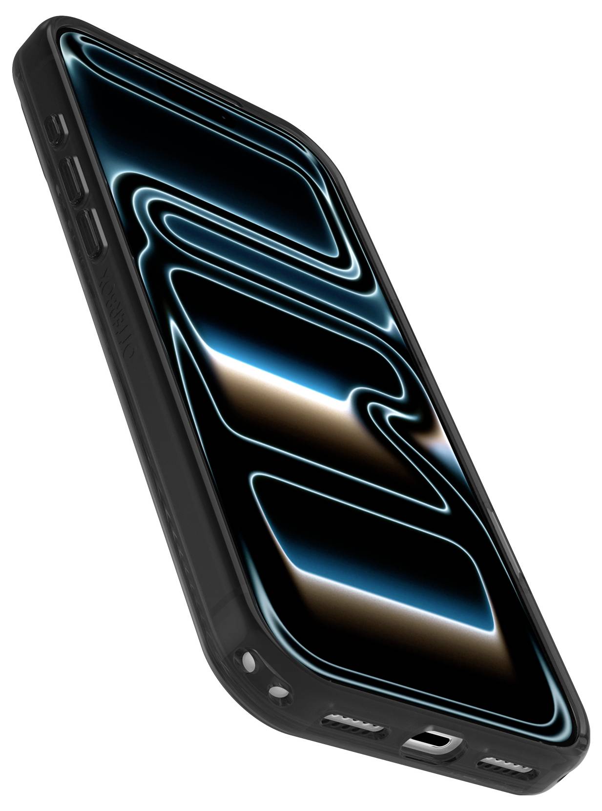 Pochylony czarny smartfon ze świecącymi niebieskimi abstrakcyjnymi liniami na ekranie, pokazany na białym tle.