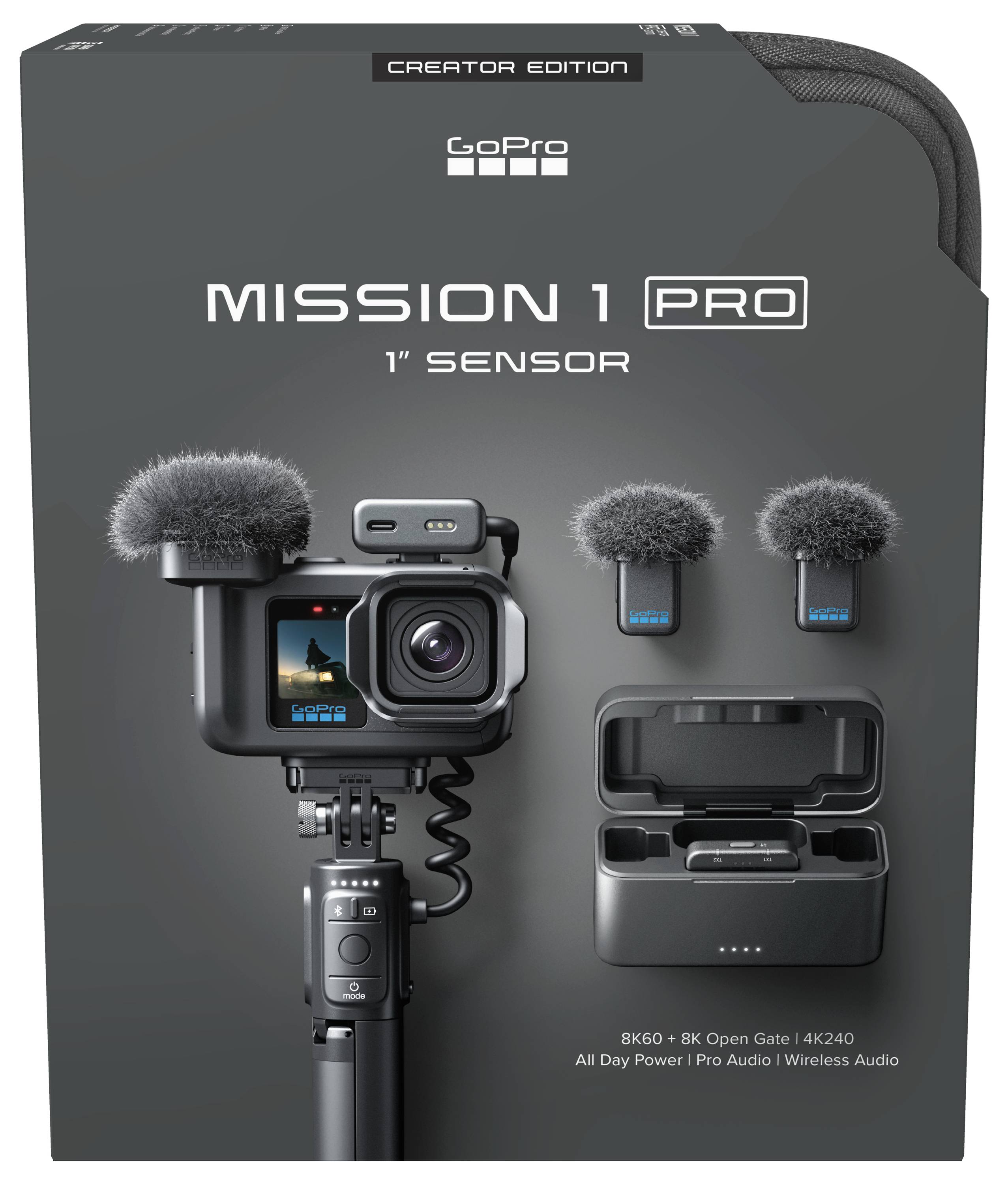 Zestaw kamerki akcji GoPro 'Mission 1 Pro' Creator Edition, pokazujący kamerę z mikrofonem i etui na akcesoria na opakowaniu.