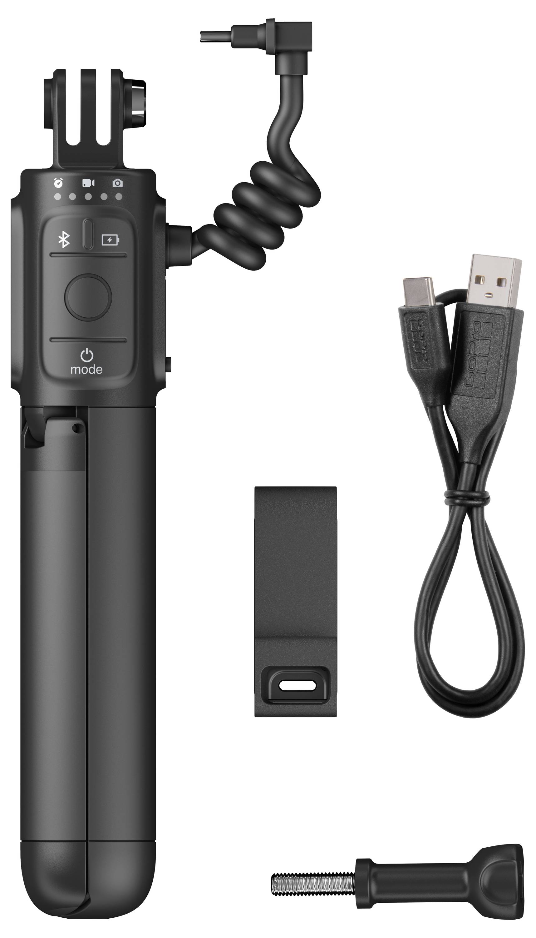 Zestaw czarnego kija selfie z trójnogiem i pilotem Bluetooth, zwiniętym kablelem spustnika, kablem ładowania USB i akcesoriami montażowymi ze śrubą śrubową na białym tle