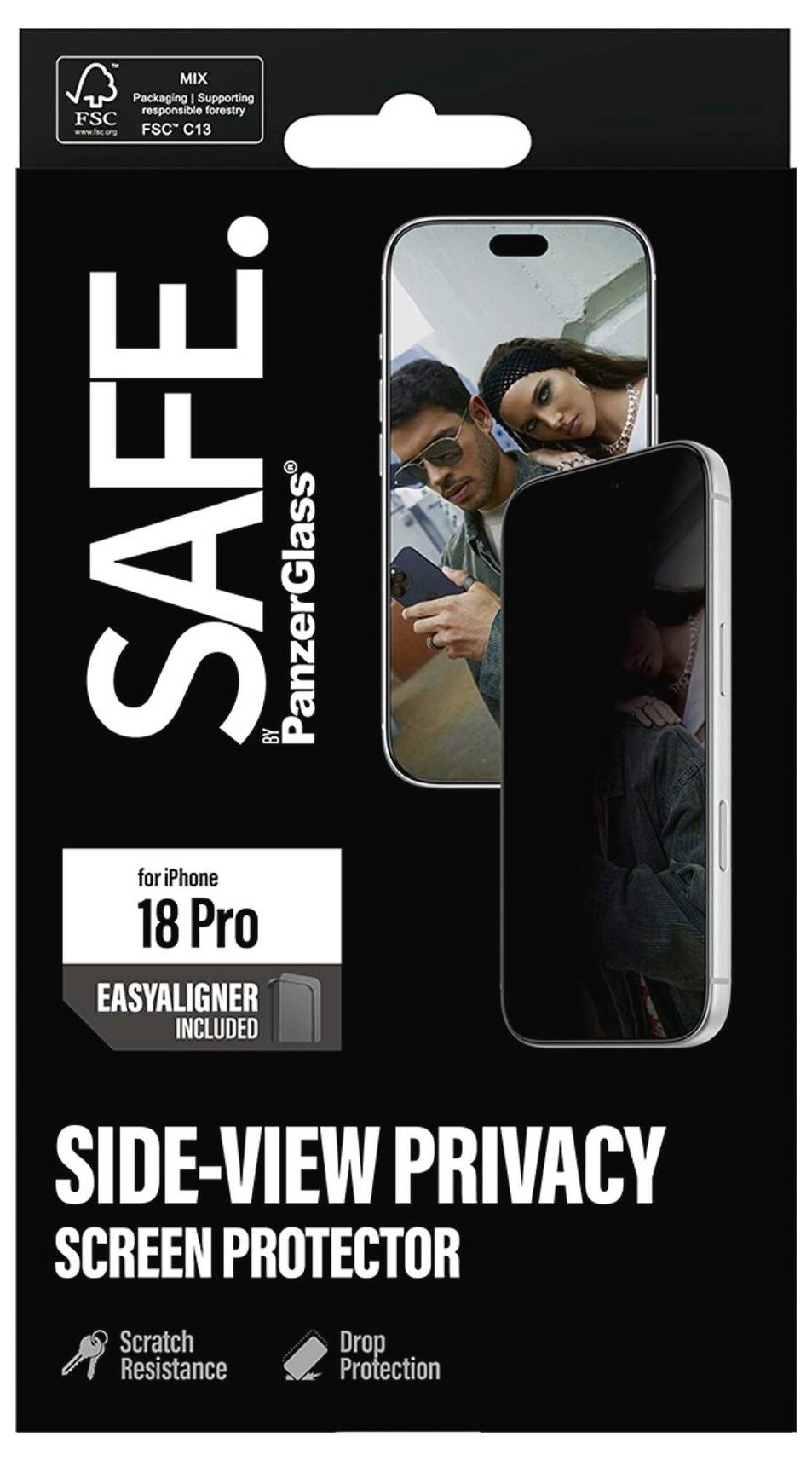 Opakowanie na ekran prywatności SAFi marki PanzerGlass do iPhone'a 18 Pro, widok z boku, z dołączonym "EasyAligner" oraz ikonami ochrony przed zarysowaniami/upadkami.