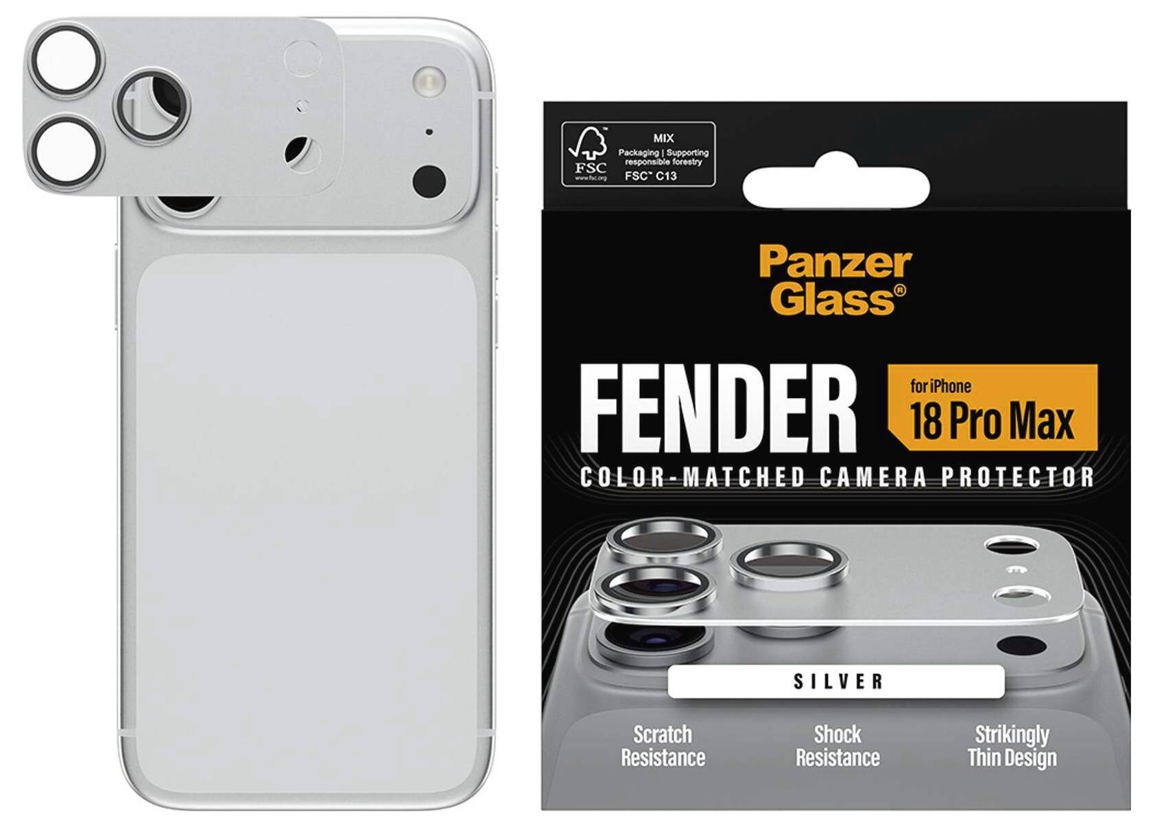 Srebrna osłona aparatu iPhone'a 18 Pro Max pokazana na telefonie i opakowaniu detalicznym oznaczonym PanzerGlass Fender, z funkcjami odporności na zarysowania i wstrząsy.