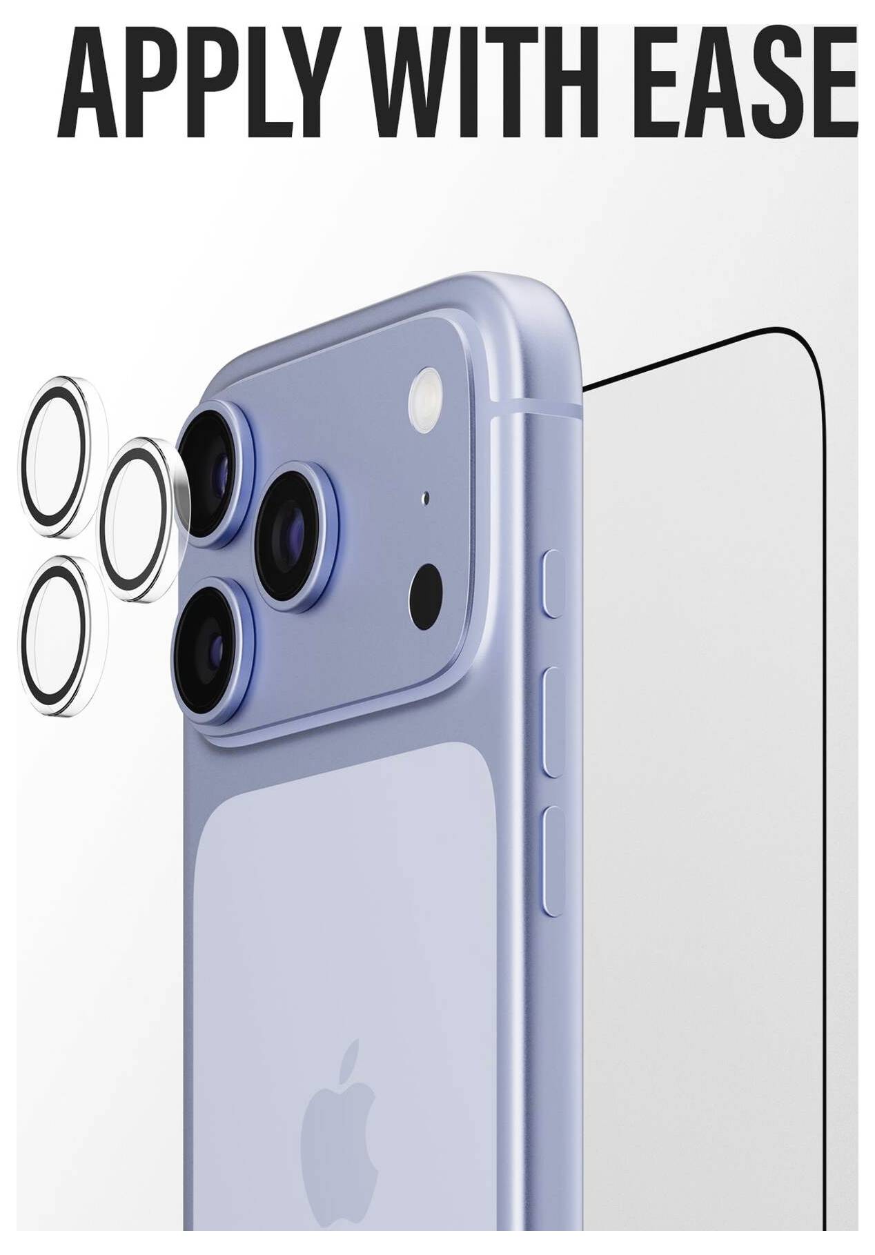 Grafika promocyjna pokazująca niebieski iPhone z trzema obiektywami aparatu i ochroną ekranu, z tekstem „APLIKUJ Z ŁATWOŚCIĄ" na górze.
