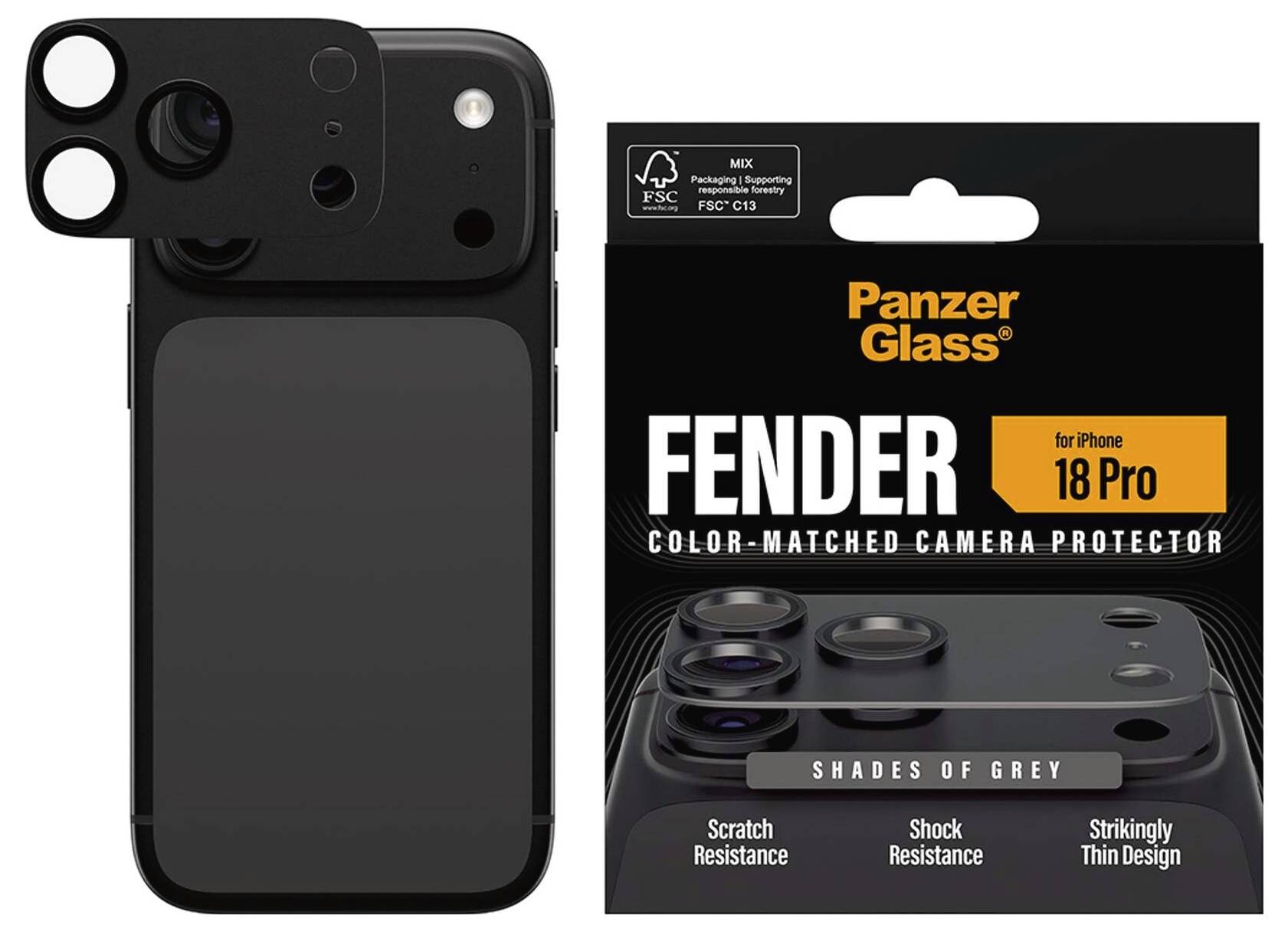 Ochrona aparatu PanzerGlass Fender dopasowana kolorystycznie dla iPhone'a 18 Pro, pokazana na czarnym telefonie z szarą osłoną aparatu i opakowaniem produktu.