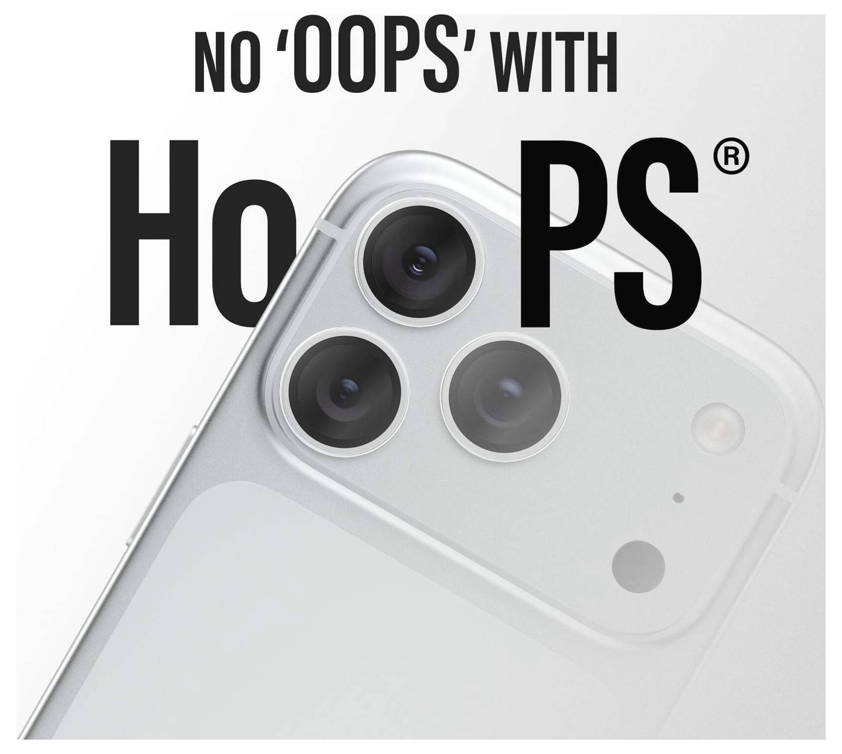 Zbliżenie modułu potrójnego aparatu smartfona ze sloganem „NO OOPS WITH HoPS", sugerującym ochronę soczewki aparatu lub funkcję etui na telefon.